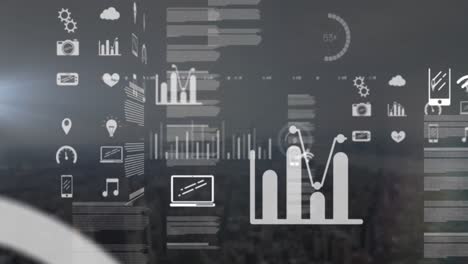 animation of data processing with icons over cityscape