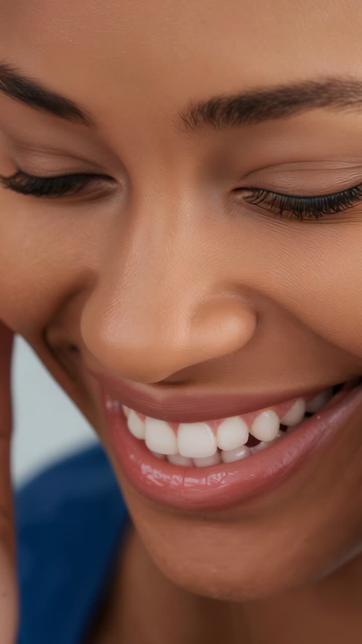 Video verticale: modella sorridente che apre gli occhi verso la fotocamera, registrazione verticale, top blu, mano sinistra sul mento, lucentezza