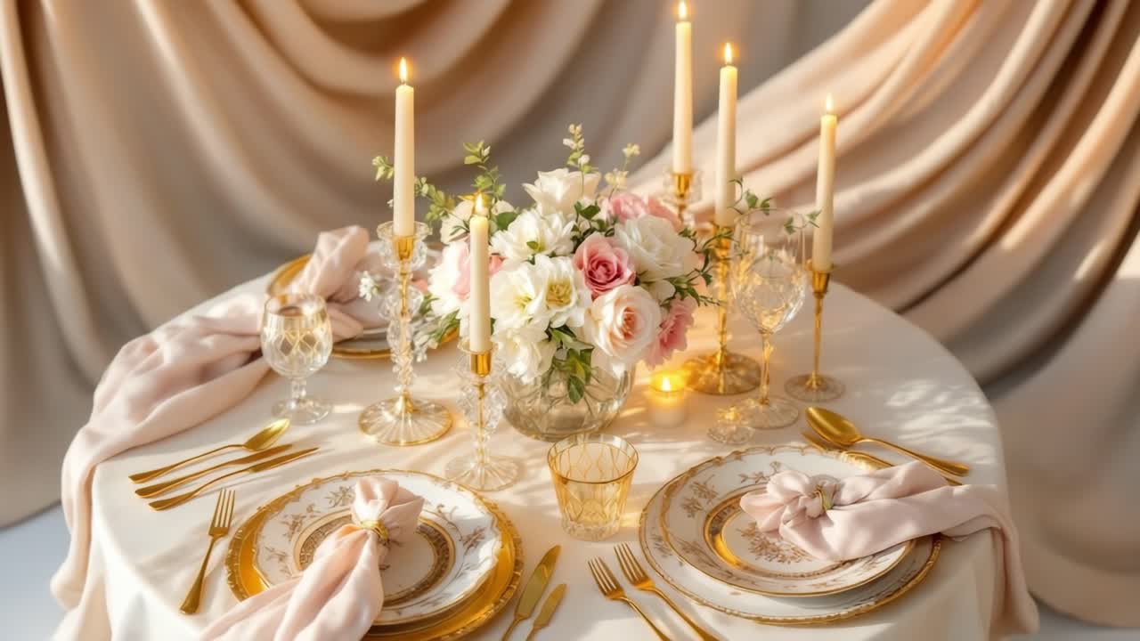 Elegant dining table adorned with a floral centerpiece featuring roses, surrounded by golden cutlery and candles, creating a warm and inviting atmosphere for special gatherings and celebrations