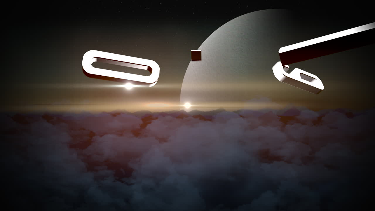 анимационный текст крупным планом с планетами и волшебными облаками в космосе