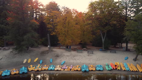 Luftaufnahme-Von-Geparkten-Tretbooten-Und-Kanus-Im-Wasserpark-Entlang-Des-Flusses,-Erholung-In-Einer-Waldumgebung