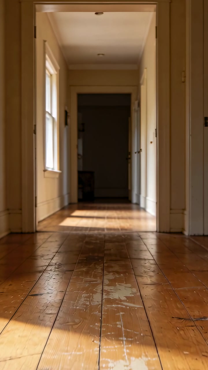 Vertical video: Pushing low camera forward and up along hallway, framing far doorway and worn floor