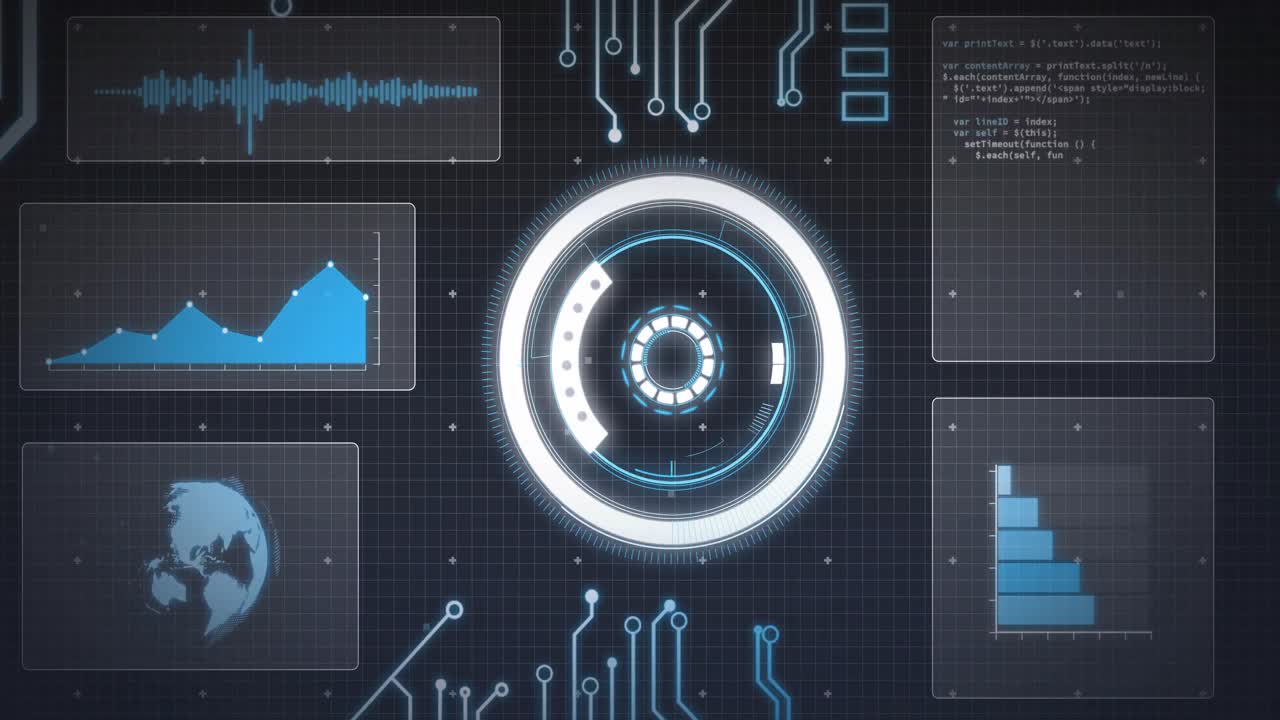 Animation of statistics recording and scope scanning on screens over grid