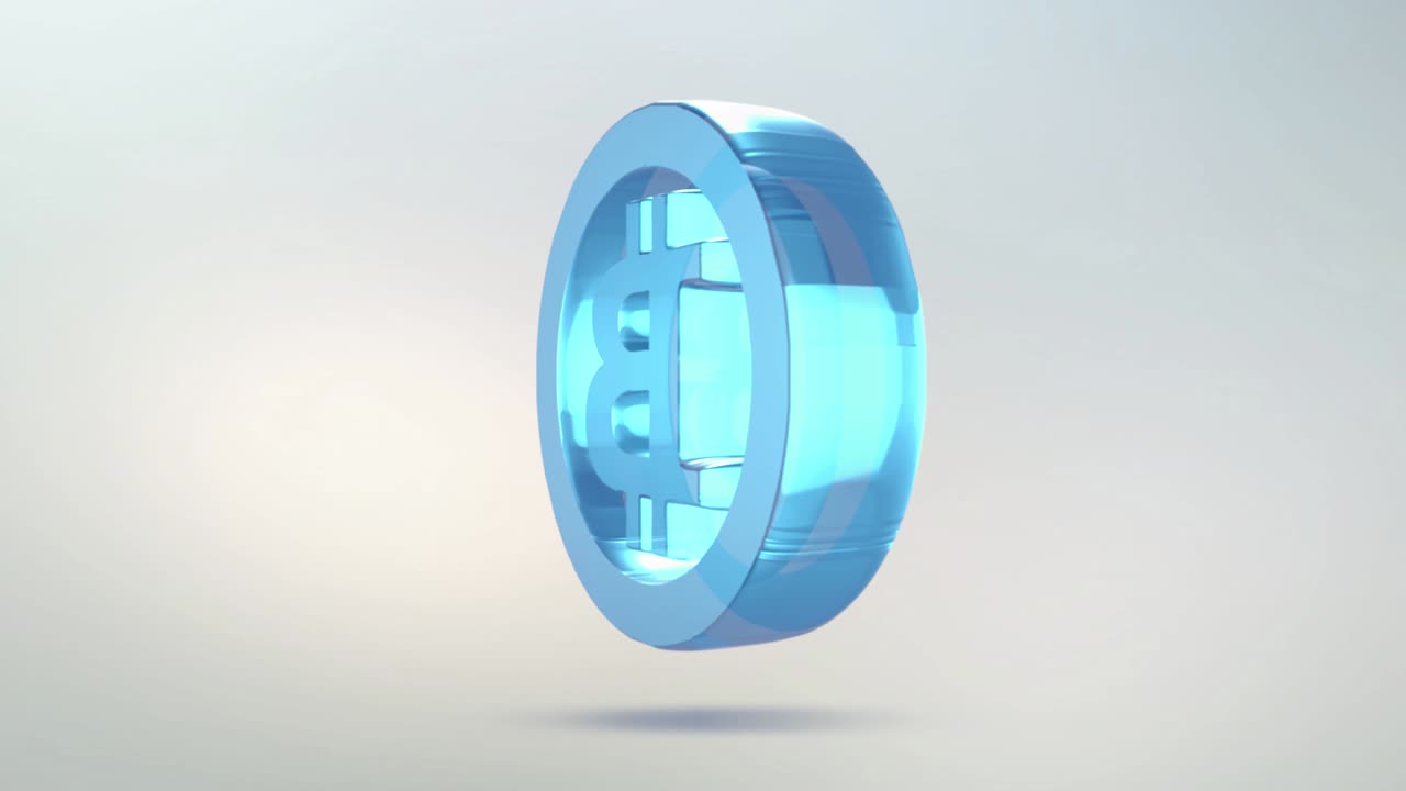 비트코인 아이콘은 유리로 만들어져 있으며, 알파 채널을 가진 투명한 회전 비트코인의 아이콘은 파란색과 녹색으로 이루어져 있으며, 시엄리스 루핑 기호는 3d 그림입니다.