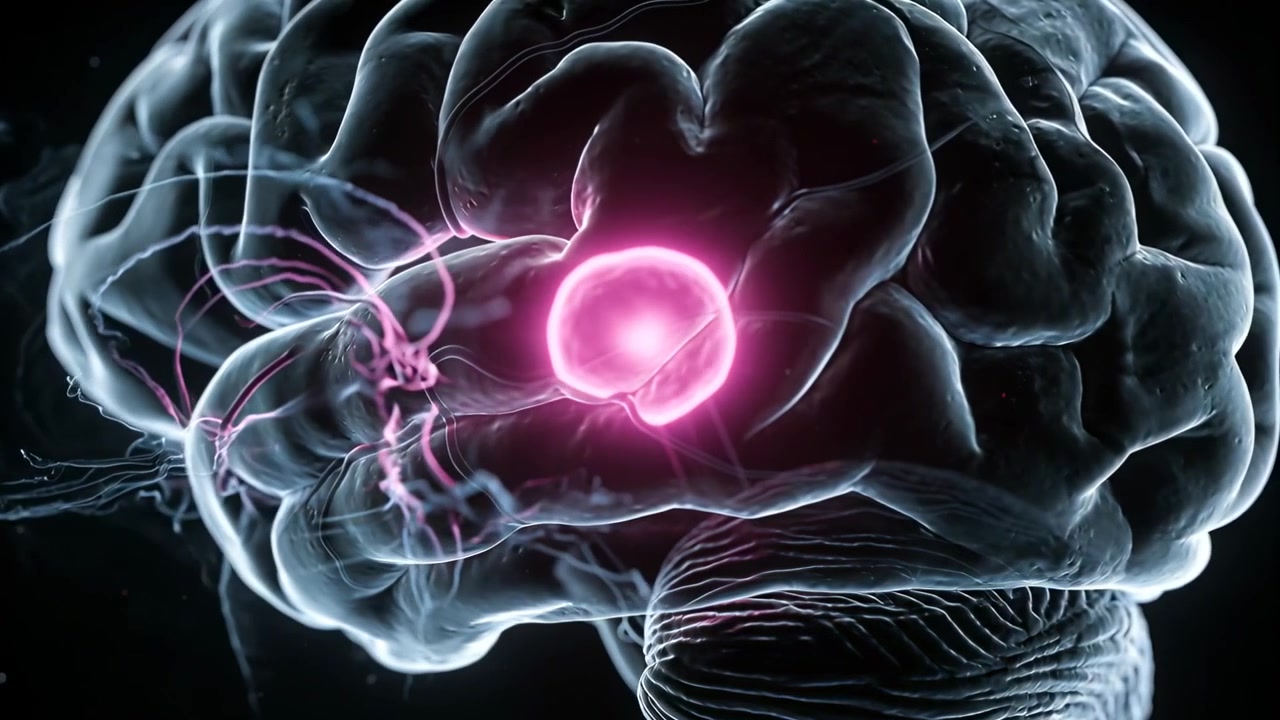 Animating 3D brain showing pink sphere appearing and rising, fibers tracing in animation, for study