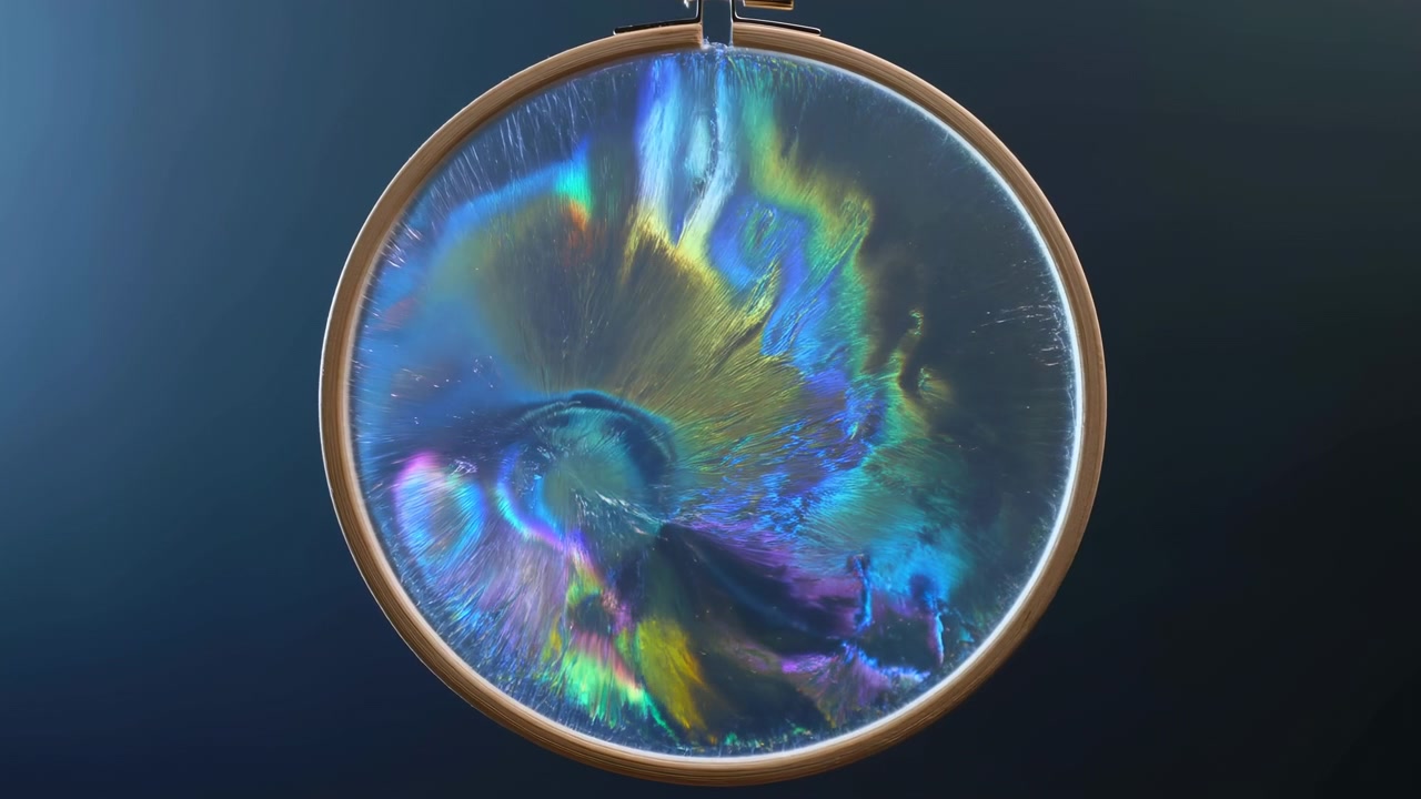 Cerchio di legno centrato sospeso da una chiusura metallica in alto contiene un liquido iridescente lucido la cui superficie mostra vortici mutevoli, increspature e striature radiali