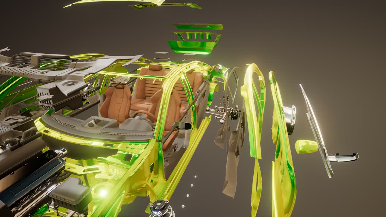 눈에 띄는 부분이 있는 분해된 자동차