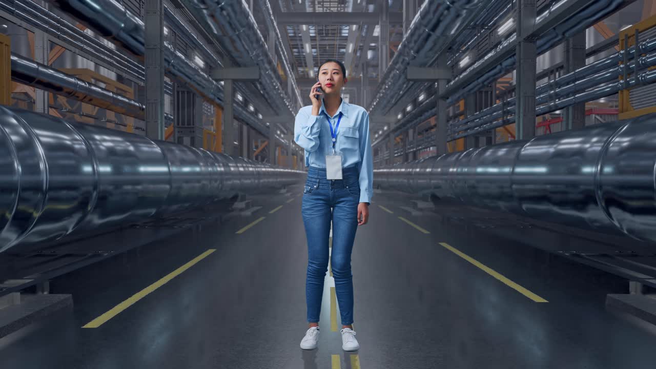 Businesswoman Talking on Phone in Industrial Setting