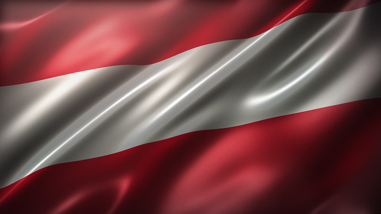 la bandera de la república de austria, ángulo alto, vista en perspectiva, ondeando en el viento, realista con un aspecto y sensación cinematográfica, y elegante textura sedosa