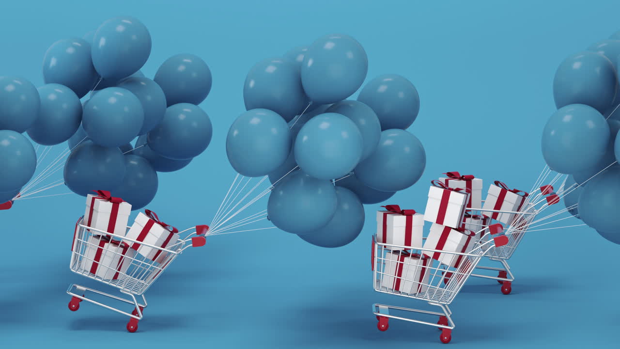 globos y regalos con fondo azul, renderización en 3d.
