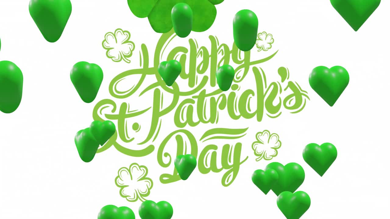 Animation of st patrick's day text and green hearts on white background