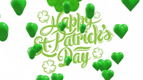 animación del texto del día de san patricio y corazones verdes sobre fondo blanco.