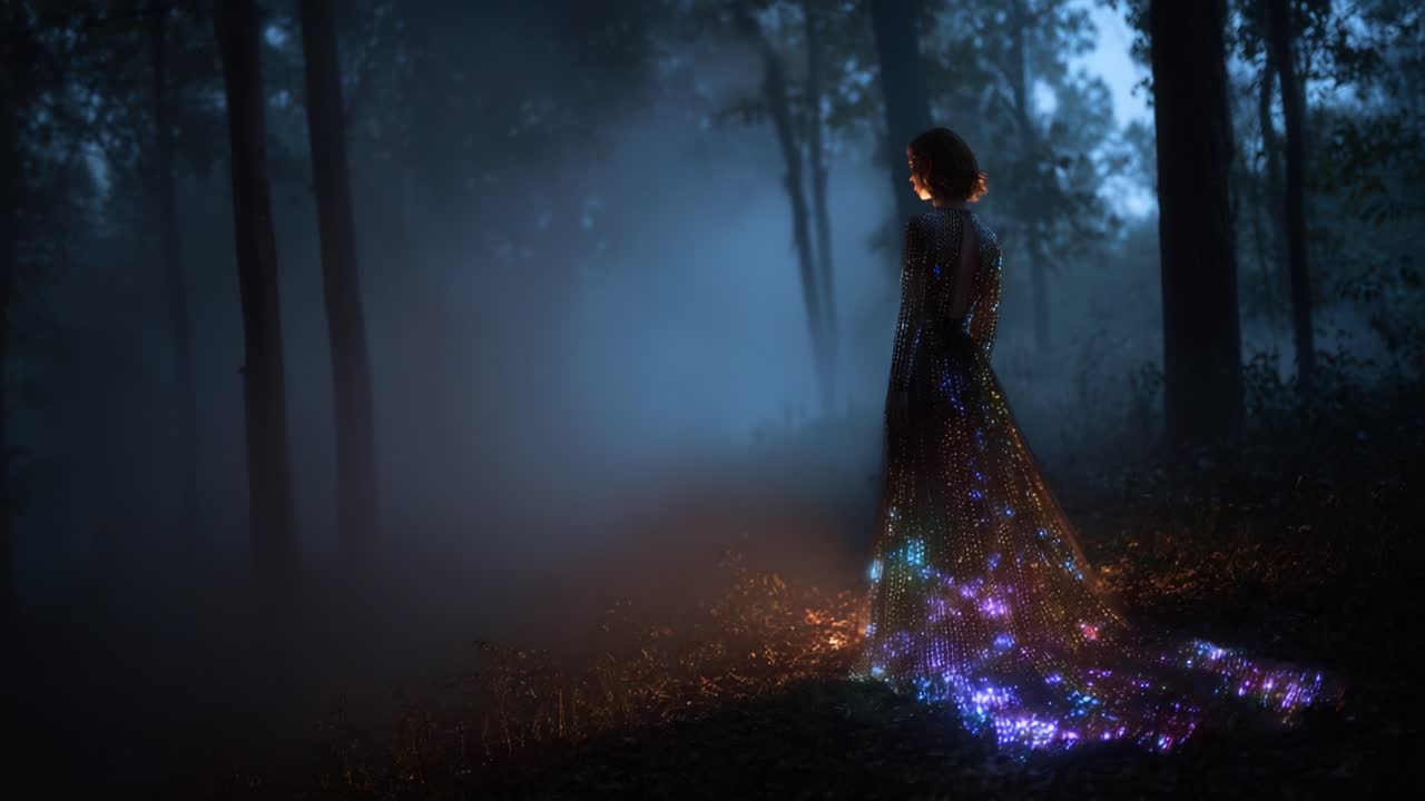 A Mystical Figure in the Forest: A Transformation Revealed Through Glowing Patterns and Ethereal Lighting. The Enchanting Journey from Shadows to Radiance in a Lush Green Wilderness Awaits