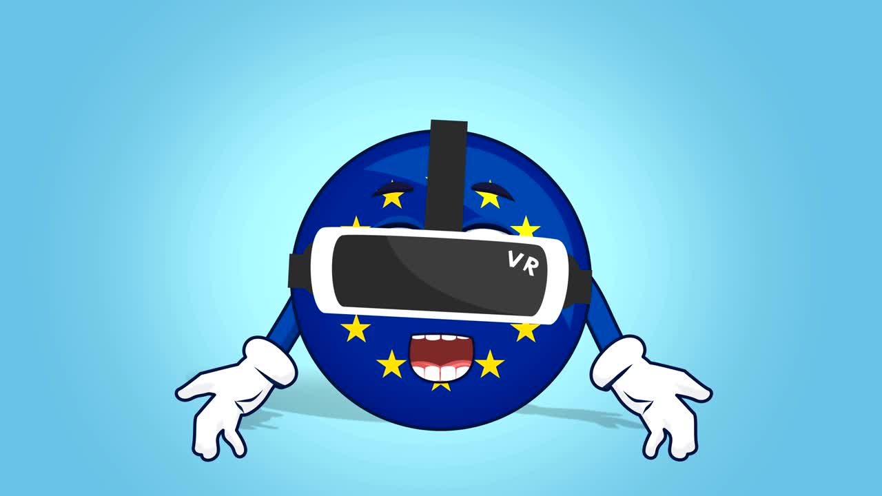 만화 유럽 연합 아이콘 발 얼굴 애니메이션과 함께 가상 현실