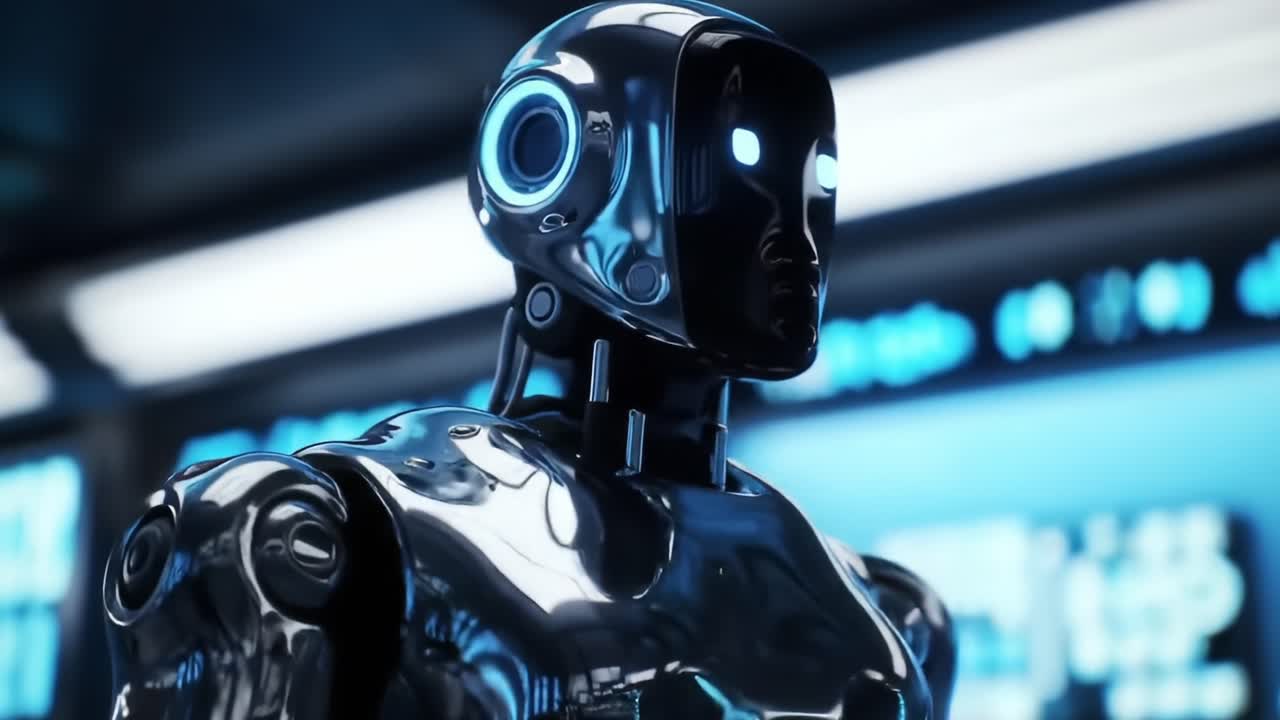 Un robot futuristico che rivoluziona la tecnologia con un design elegante e funzionalità avanzate in un ambiente high-tech