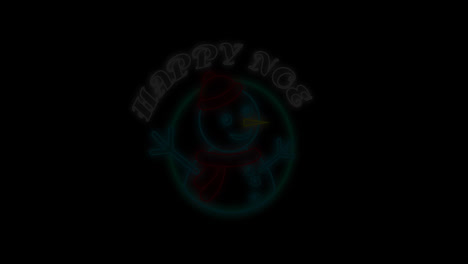 animation of neon christmas snowman in circle and happy noel on black background