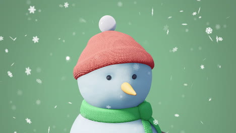 animation of christmas snow man moving over snow falling on green background