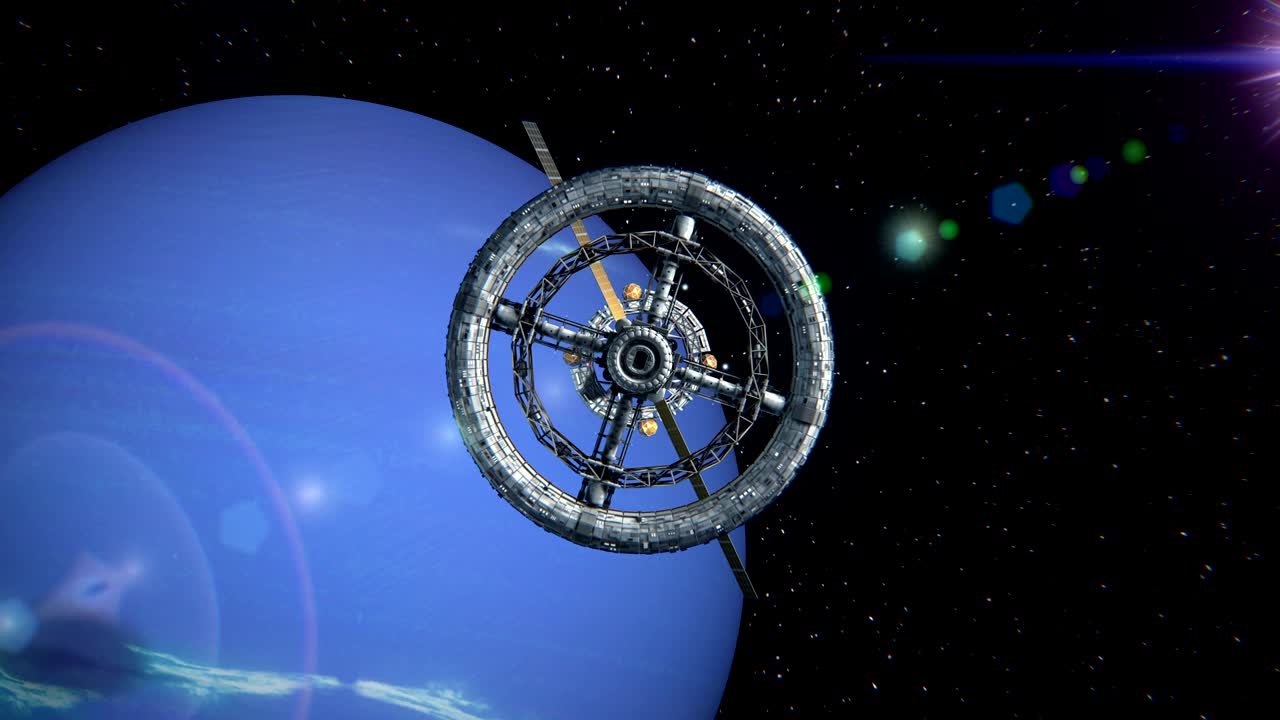 해왕성의 배경에 있는 우주 정거장