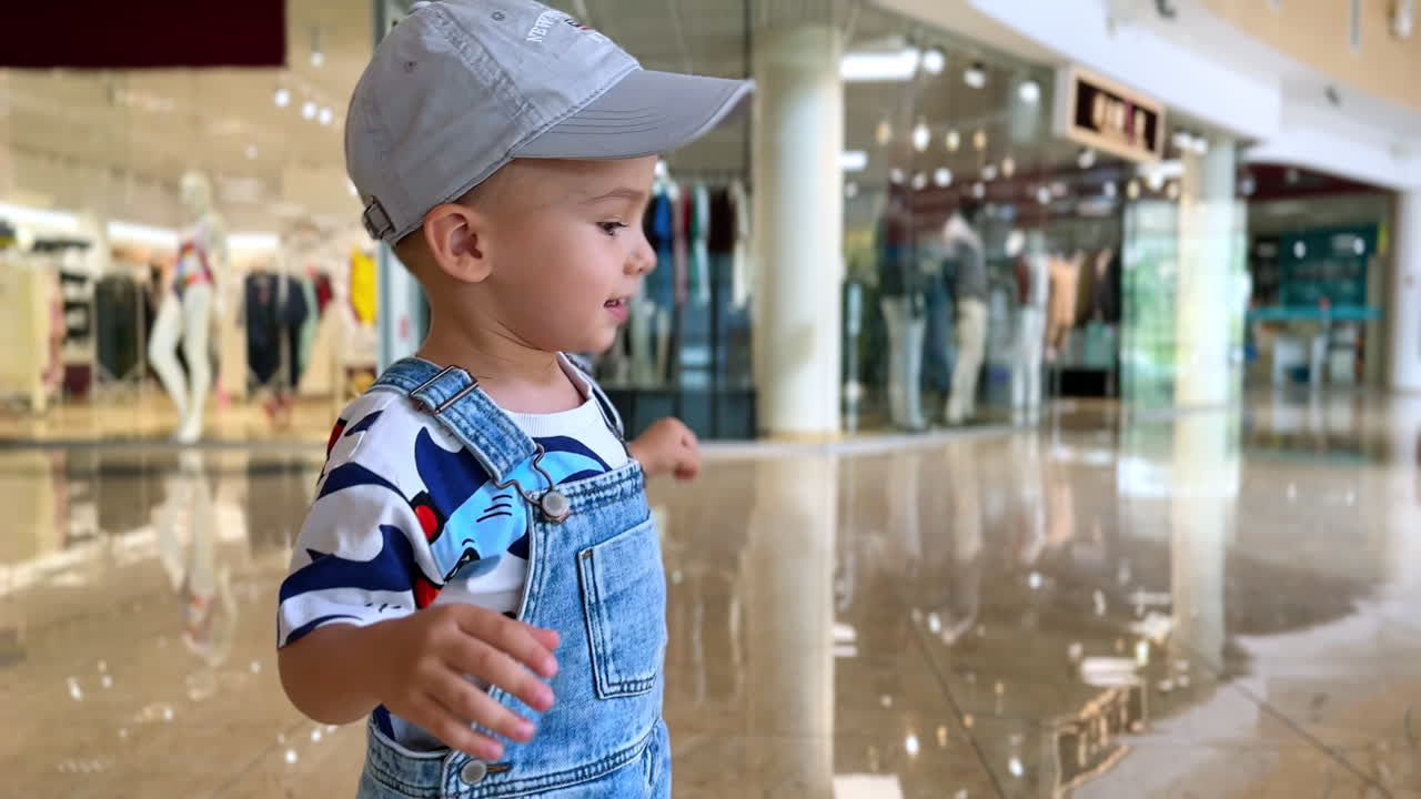 Cheerful Caucasian toddler jumping happily in the department store. Happy kid drops on the floor and crawls by it on hands.