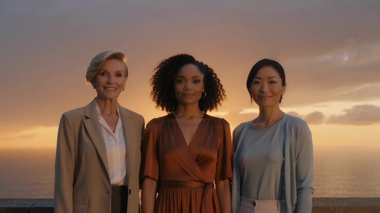 Tre donne in posa con abiti eleganti su una terrazza sul mare, mentre la telecamera zooma per un'inquadratura più ravvicinata.