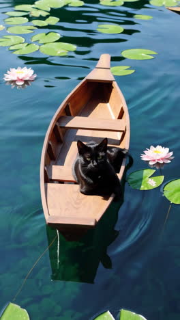 black cat in a wooden boat on a pond