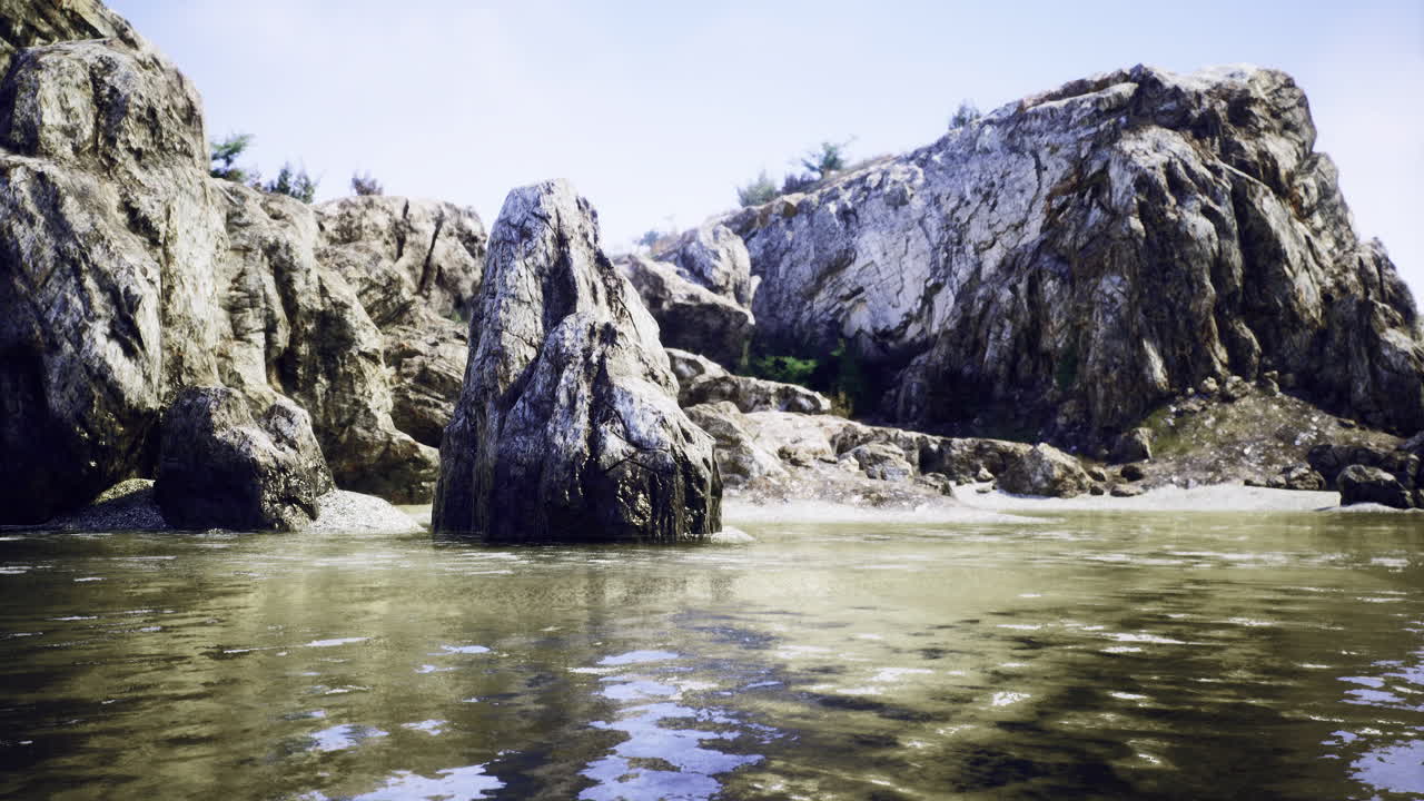 Rocky shoreline with calm waters and scenic landscapes at midday