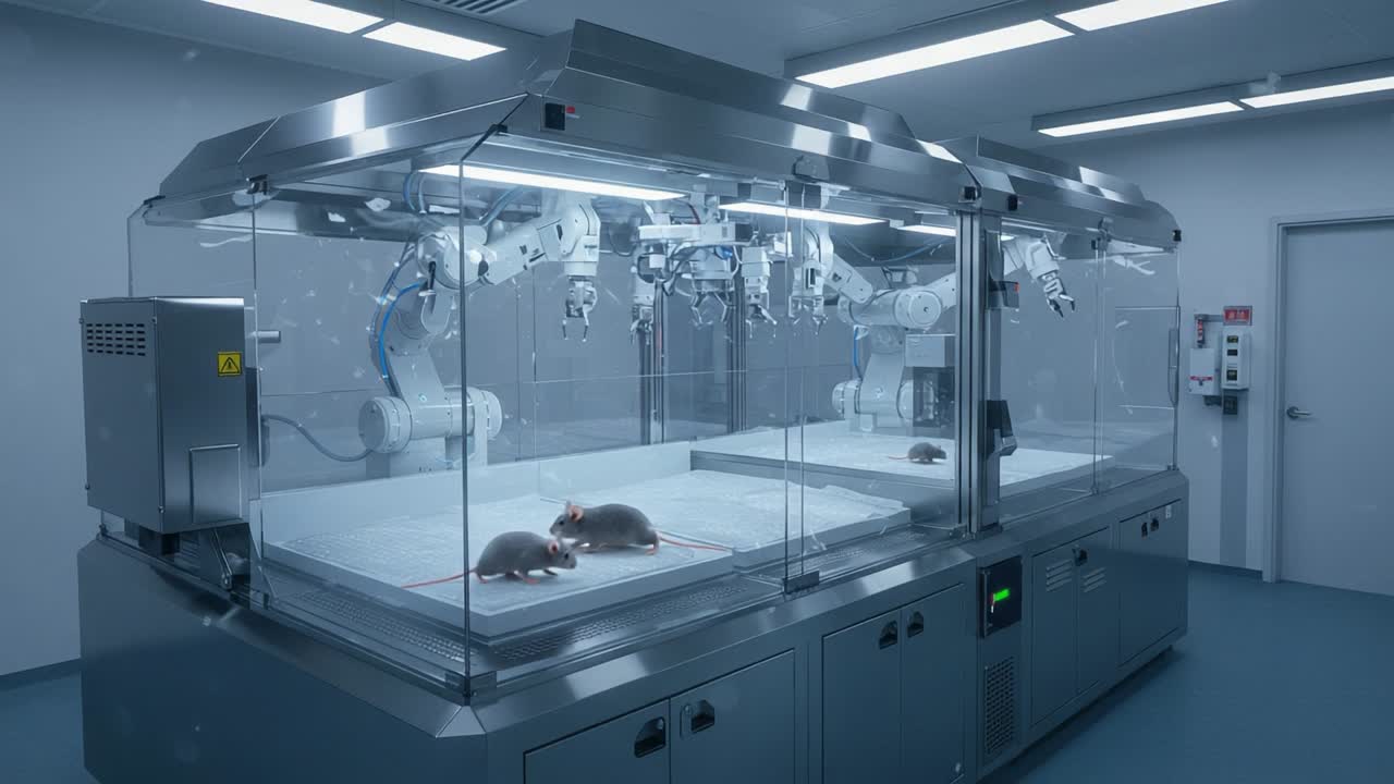 A High-Tech Laboratory Environment Featuring Robotic Arms and Rodents in Experimental Setup Under Controlled Conditions
