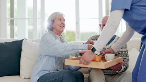 senior man, woman or caregiver for serve coffee