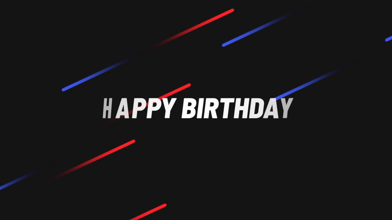Levende stribet fødselsdagskort med rød 'Happy Birthday' tekst.