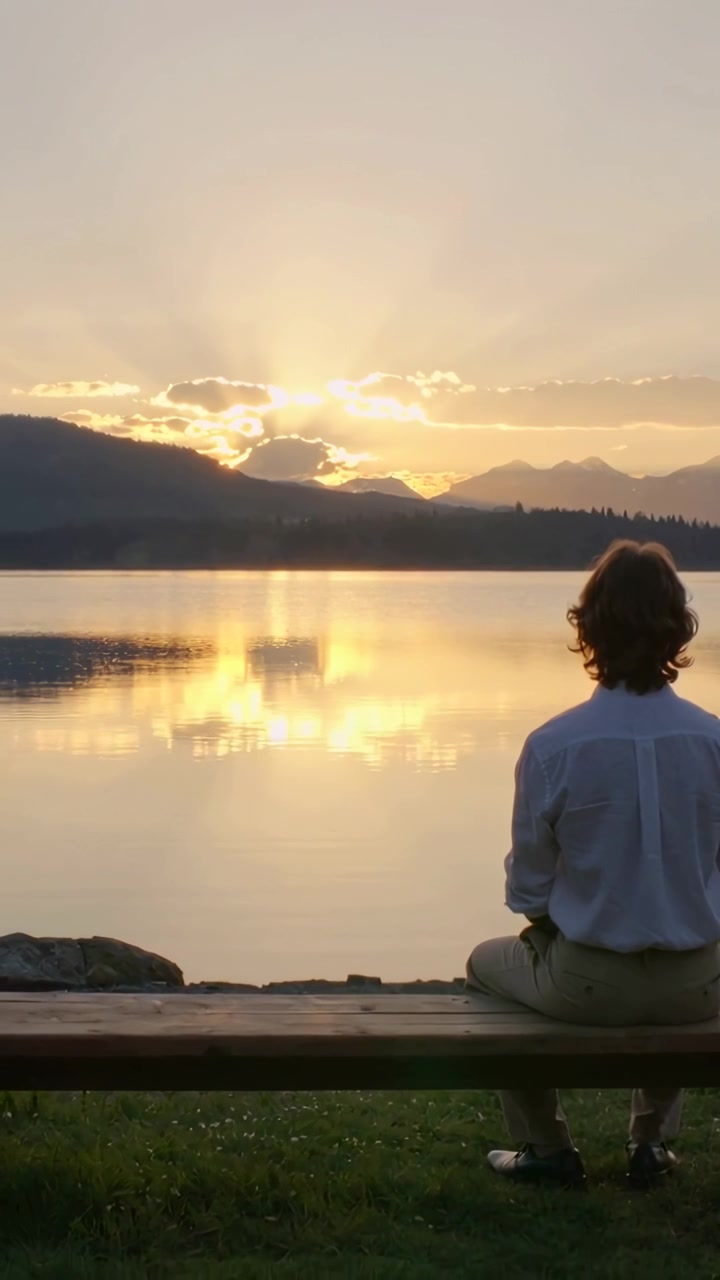 Video vertical: Atardecer, mostrando a un hombre con camisa y pantalones claros observando el lago desde un banco, con espacio para texto.