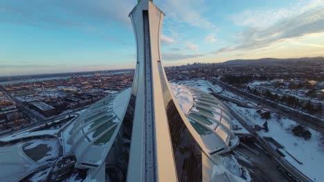 aerial view of montreal olympic stadium in winter