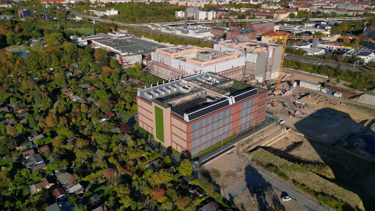 data center, computing center hyperscaler computer servers, cloud services, it services. Building exterior. Perfect aerial view flight drone shot from above