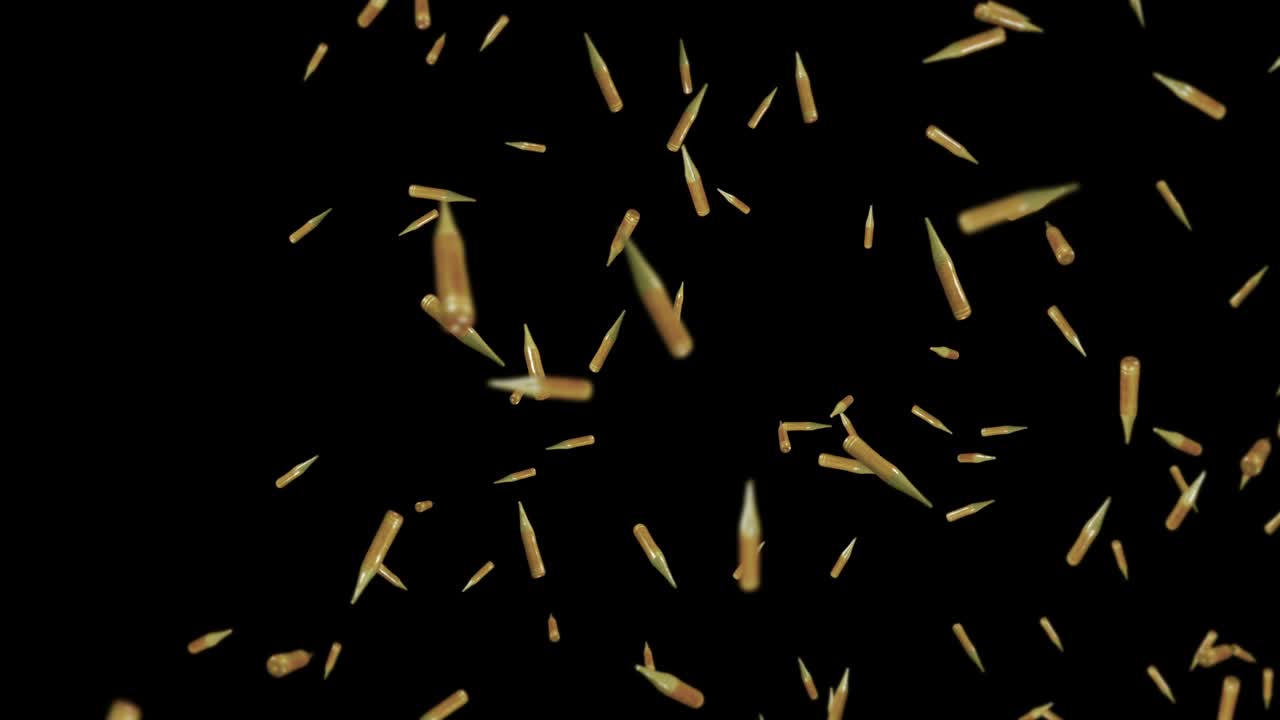 volare molti proiettili di munizioni su sfondo nero. concetto militare. mock up. proiettile di pistola marrone. animazione a ciclo 3d della rotazione del proiettiles.