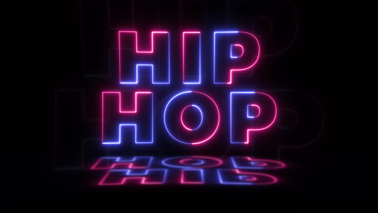 Neon glowing word 'HIP HOP' on a black background with reflections on a floor. Neon glow signs in seamless loop motion graphic