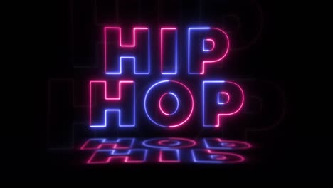 neón brillante palabra 'hip hop' en un fondo negro con reflejos en un piso. signos de brillo de neón en gráfico de movimiento de bucle sin costuras