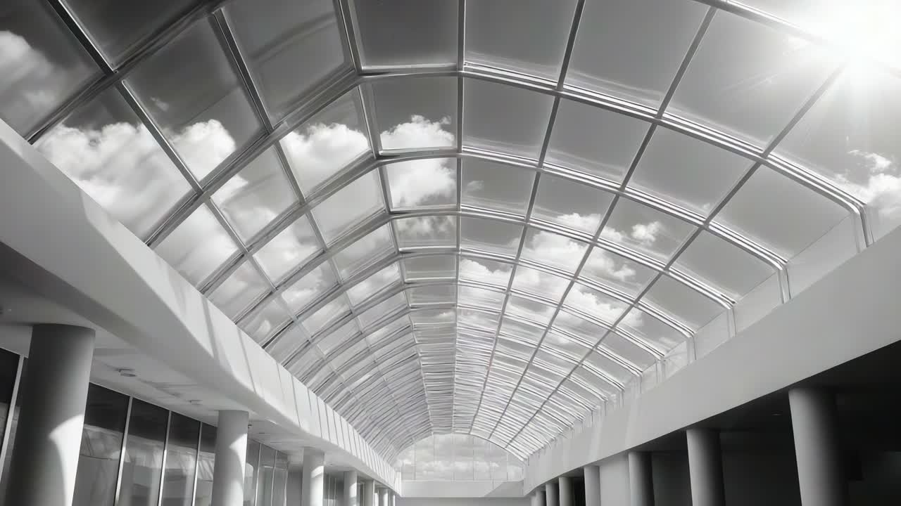 A stunning modern architectural marvel showcasing a vast glass ceiling that reflects the serene clouds, creating a harmonious blend of elegance and tranquility in the indoor space below