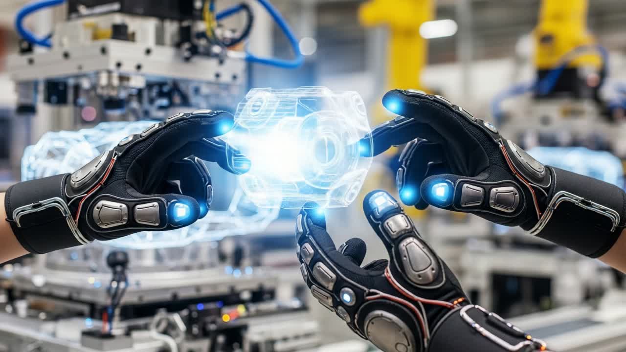Advanced Robotics Collaboration: Two Hands Utilizing High-Tech Gloves to Manipulate a Glowing Holographic Component in a Modern Manufacturing Environment Showcasing Cutting-Edge Technology