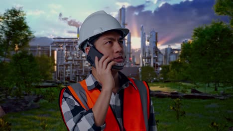 close up of asian male engineer with safety helmet talking on smartphone while standing in front of oil refinery