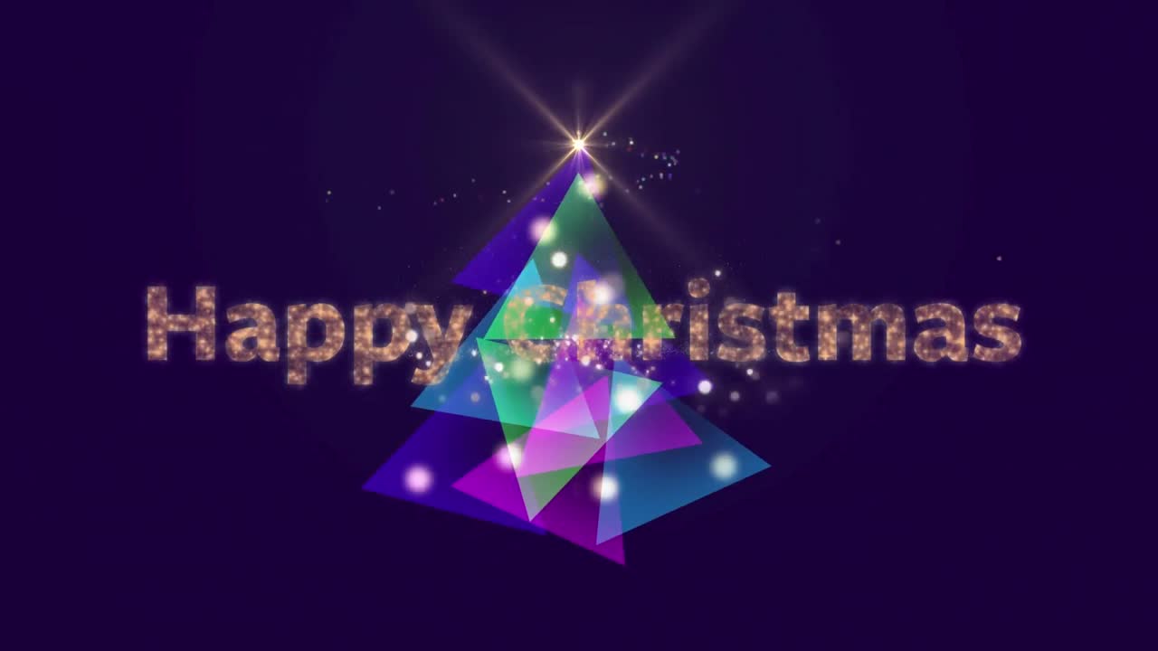 video compuesto digital de feliz texto de navidad y árbol de navidad hecho de triángulos coloridos