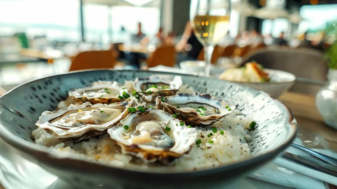 Oysters and wine in a restaurant