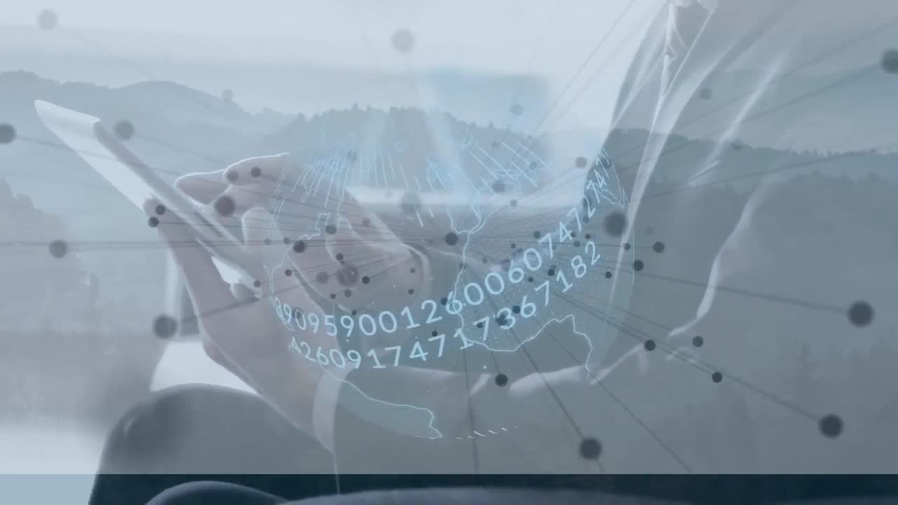 스마트 폰을 사용하는 코카서스 사업가 위의 지구와 산의 애니메이션