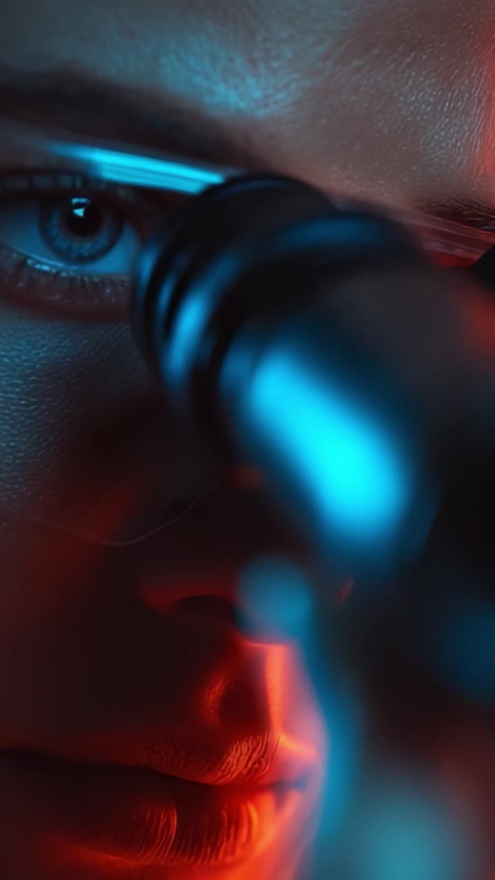 Intense Focus on Science: A Close-Up of a Determined Researcher Using a Microscope Under Vibrant Lighting, Capturing the Essence of Modern Scientific Exploration and Discovery