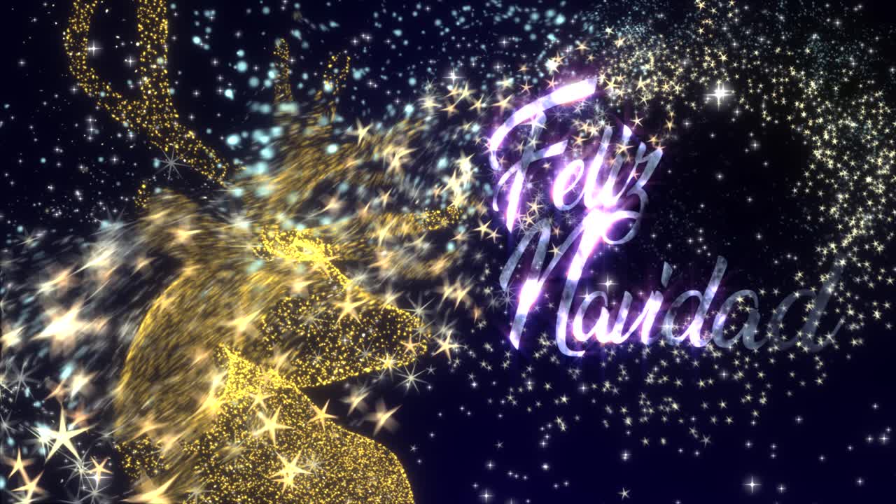 Parıldayan parçacık yağmurunda altın bir Ren geyiği ve parlayan metinle İspanyolca 'Feliz Navidad' mesajı içeren Noel hareketli grafikleri