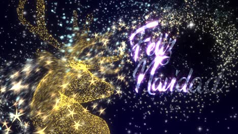 christmas motion graphics with a golden reindeer in a shower of glittering particles and the message �feliz navidad�, in spanish, in glowing text