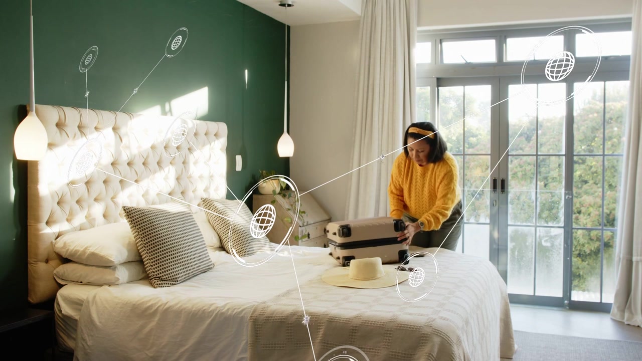Woman opening latches packing, closing, carrying suitcase for travel, AR overlay growing across bed