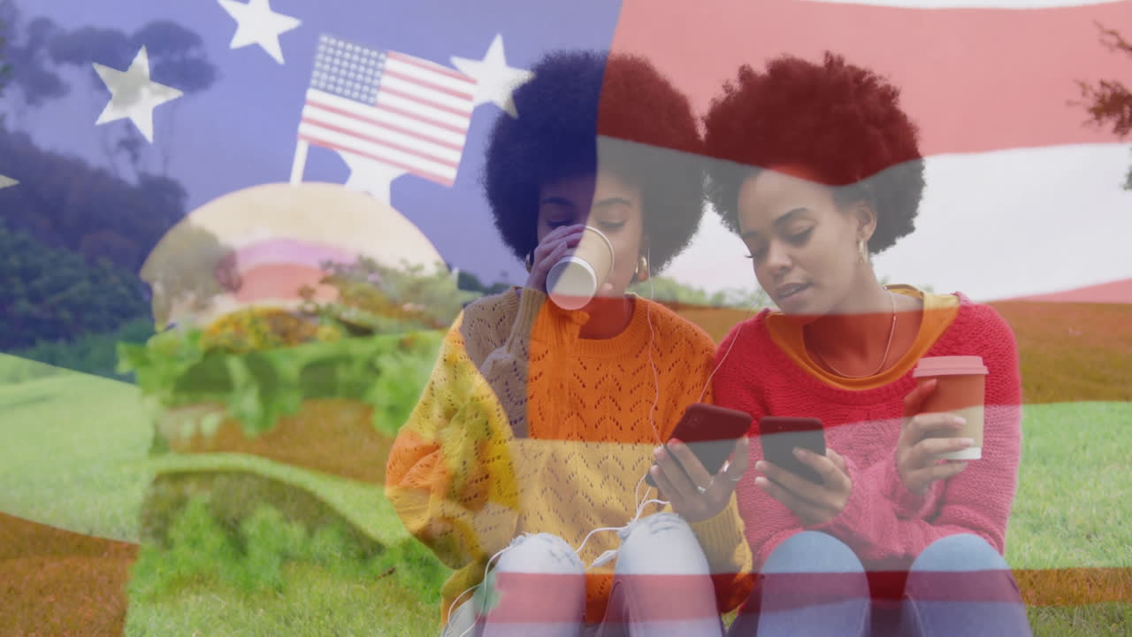 Using smartphones outdoors, two people with animation of American flag and burger