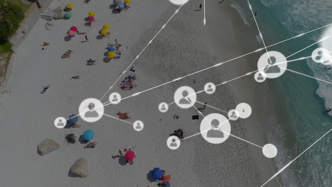 Network connections animation over people relaxing on beach with umbrellas