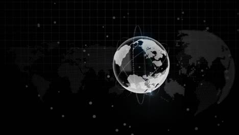 animation of globe with light spots over world map and globe on black background
