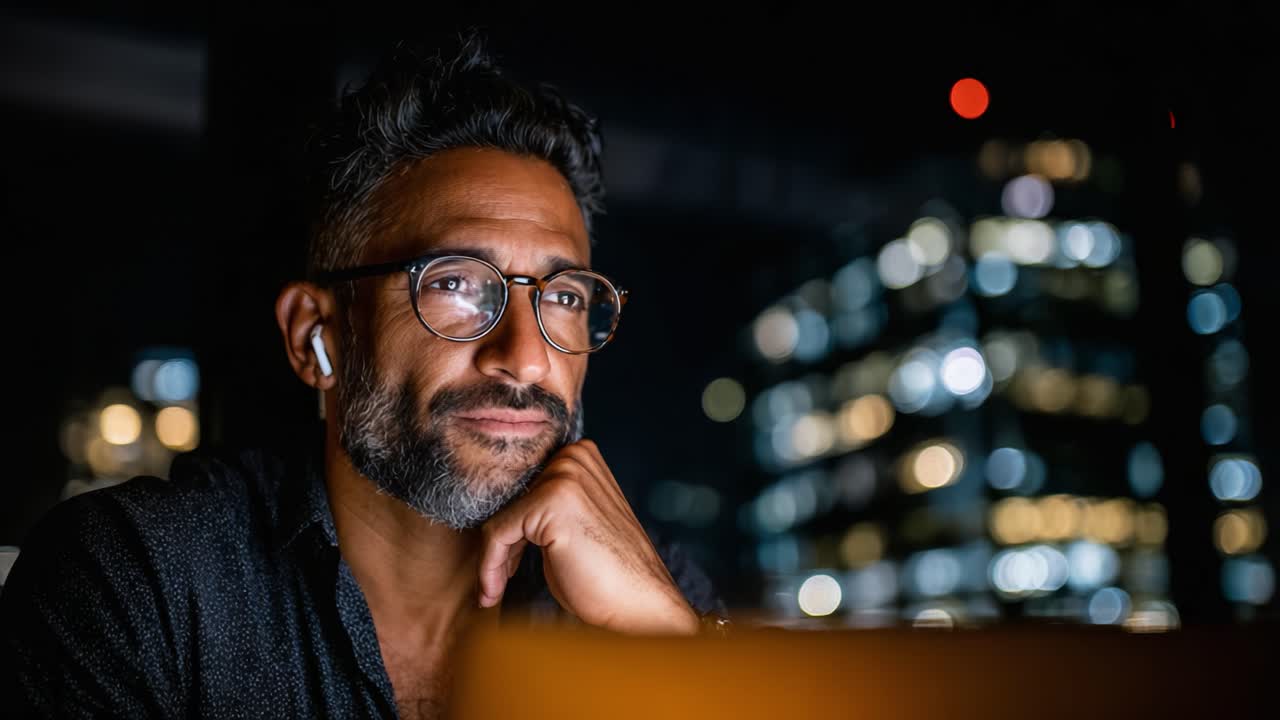 A Thoughtful Professional Reflects at Night, Illuminated by City Lights with a Mix of Focus and Contemplation in a Modern Urban Environment