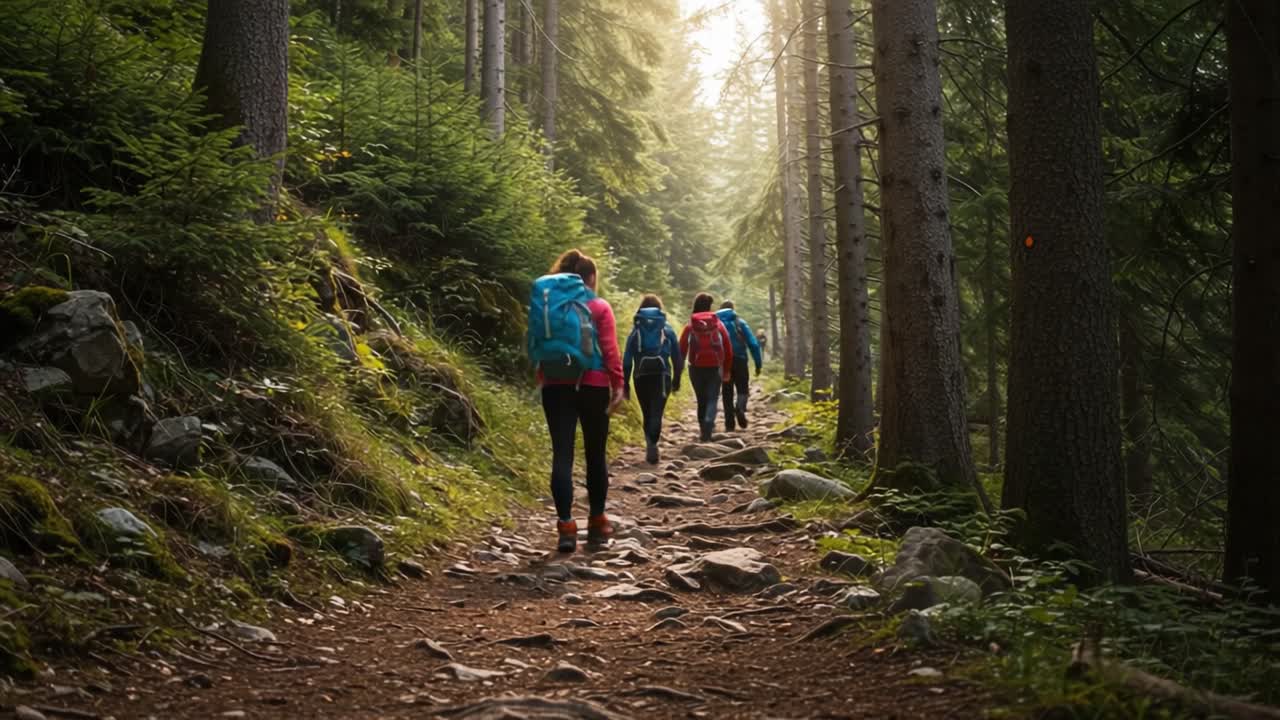 Group of Hikers on a Sunny Forest Trail